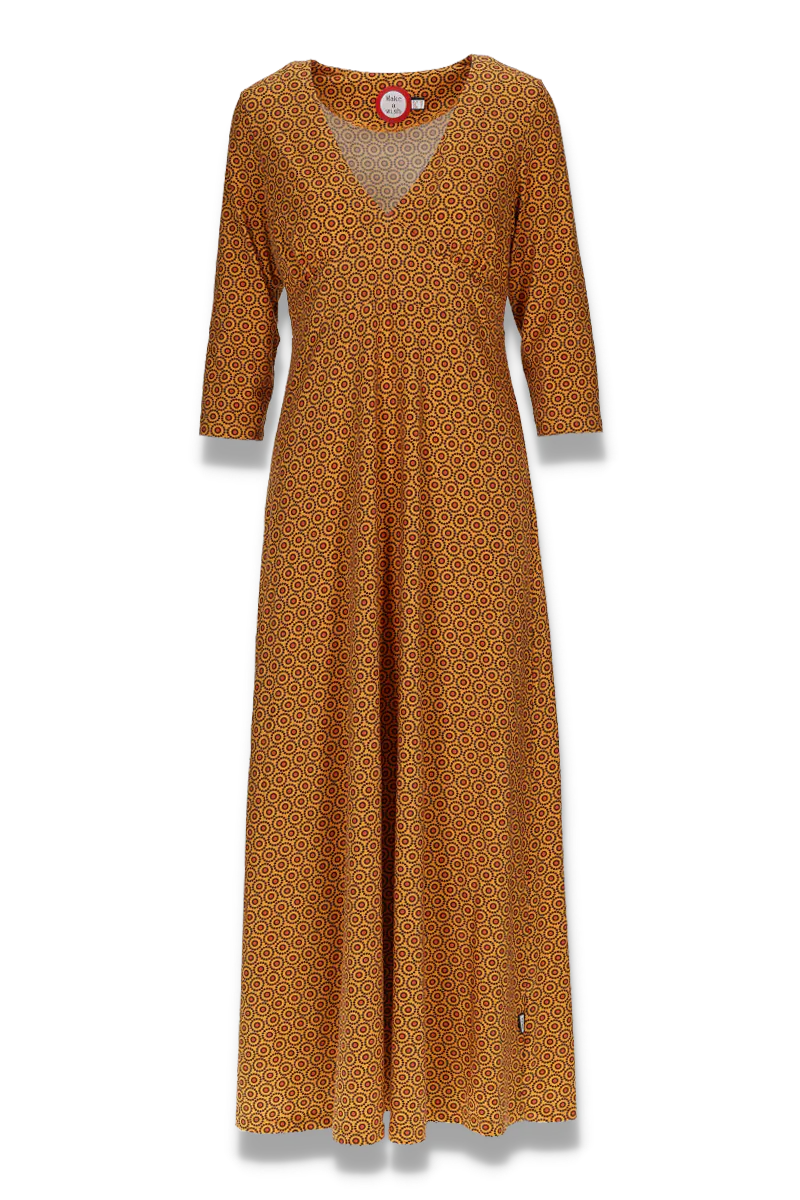 Giselle sort og okergul kjole