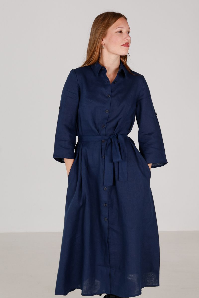 Donna marineblå skjortekjole i lin